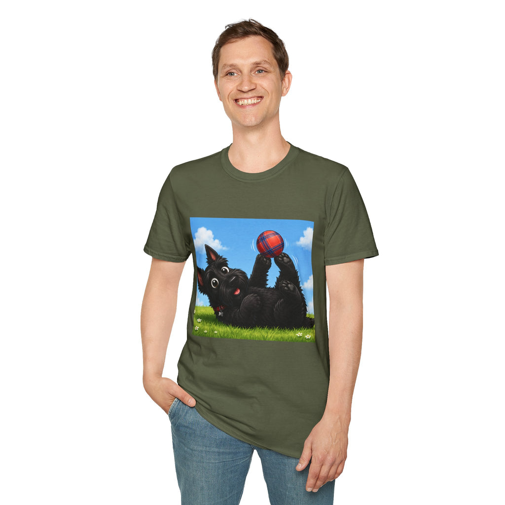 Playful Black Scottish Terrier Holding Plaid Ball shirt