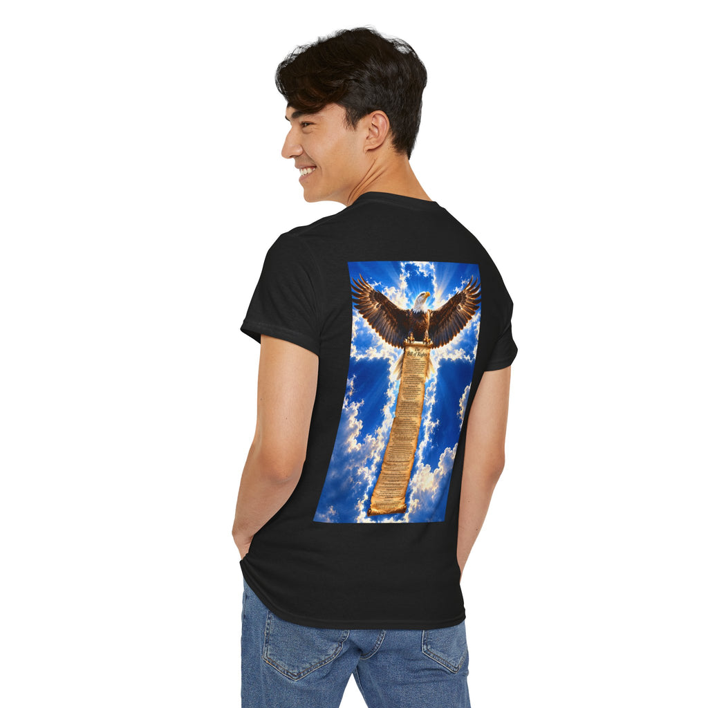 Eagle Crossback T‑Shirt – Soaring Eagle Over Golden Cross Sky Graphic Tee