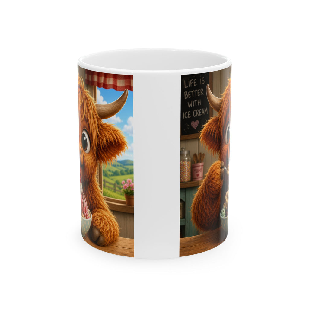 Ceramic Mug — Cute Scottish Cow with Ice Cream (11oz & 15oz)