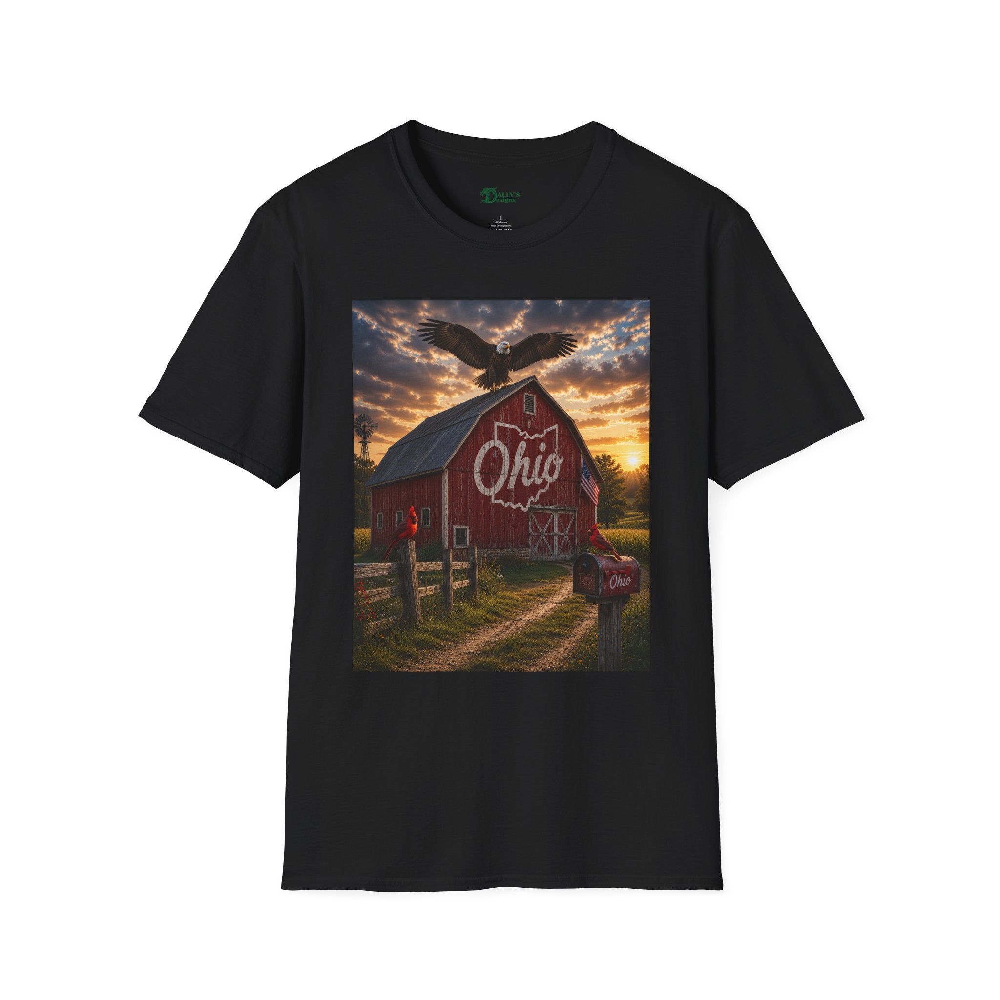 Ohio Barn Sunset T‑Shirt — Eagle Silhouette Rustic State Pride Tee