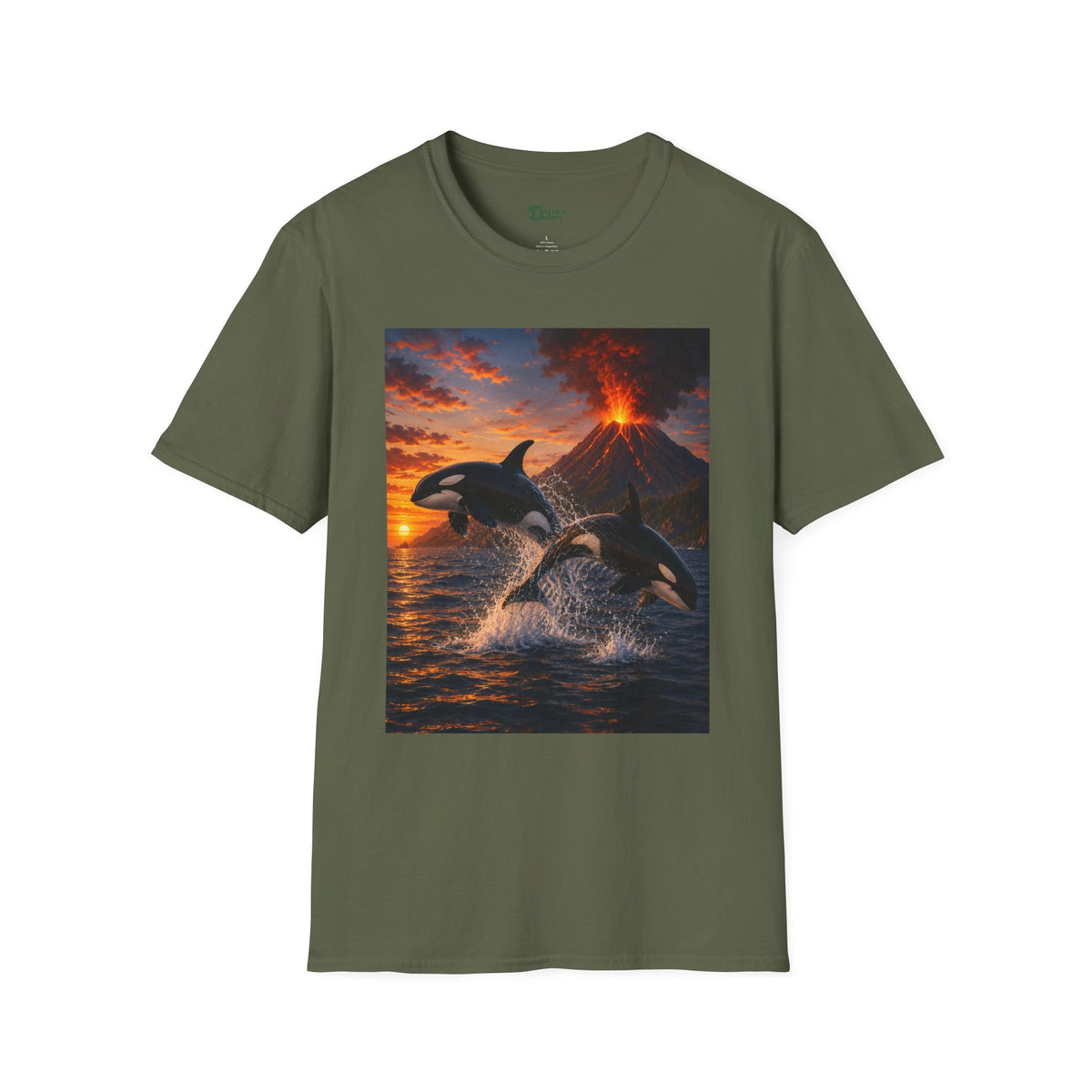 Orca & Erupting Volcano T‑Shirt — Dramatic Sunset Ocean Whale Graphic