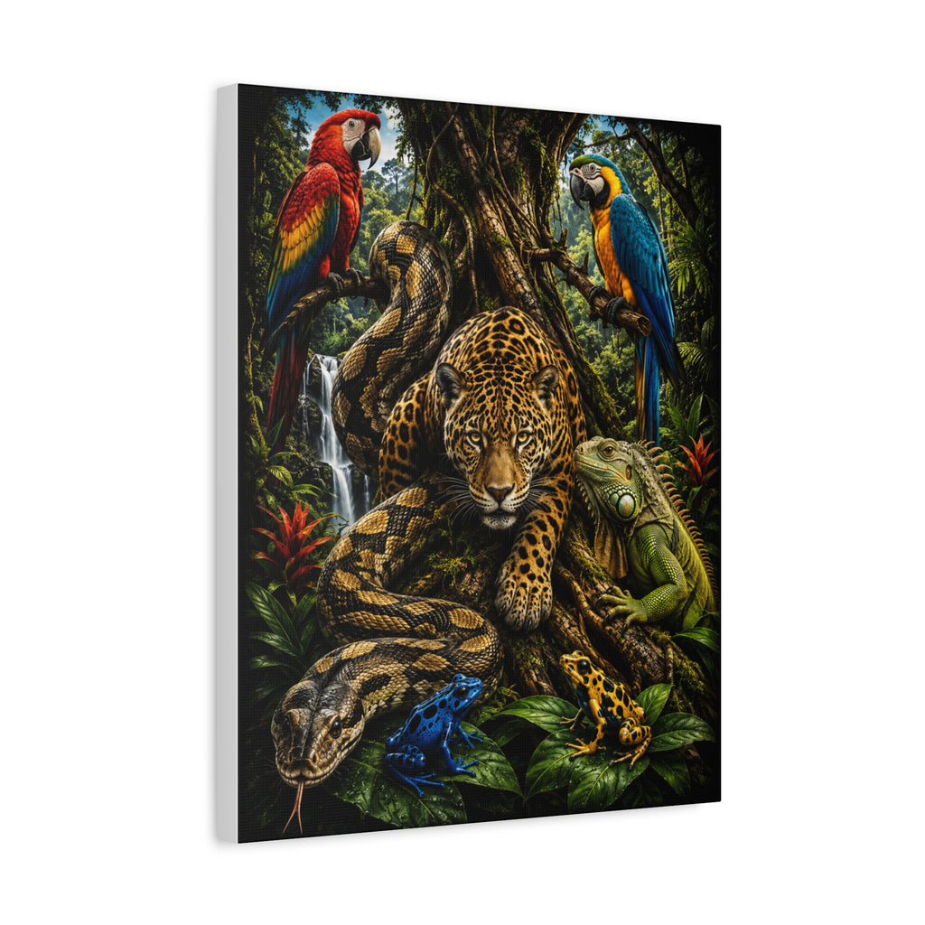 Jungle Wildlife Canvas Print — Jaguar, Parrot & Reptile Tropical Wall Art