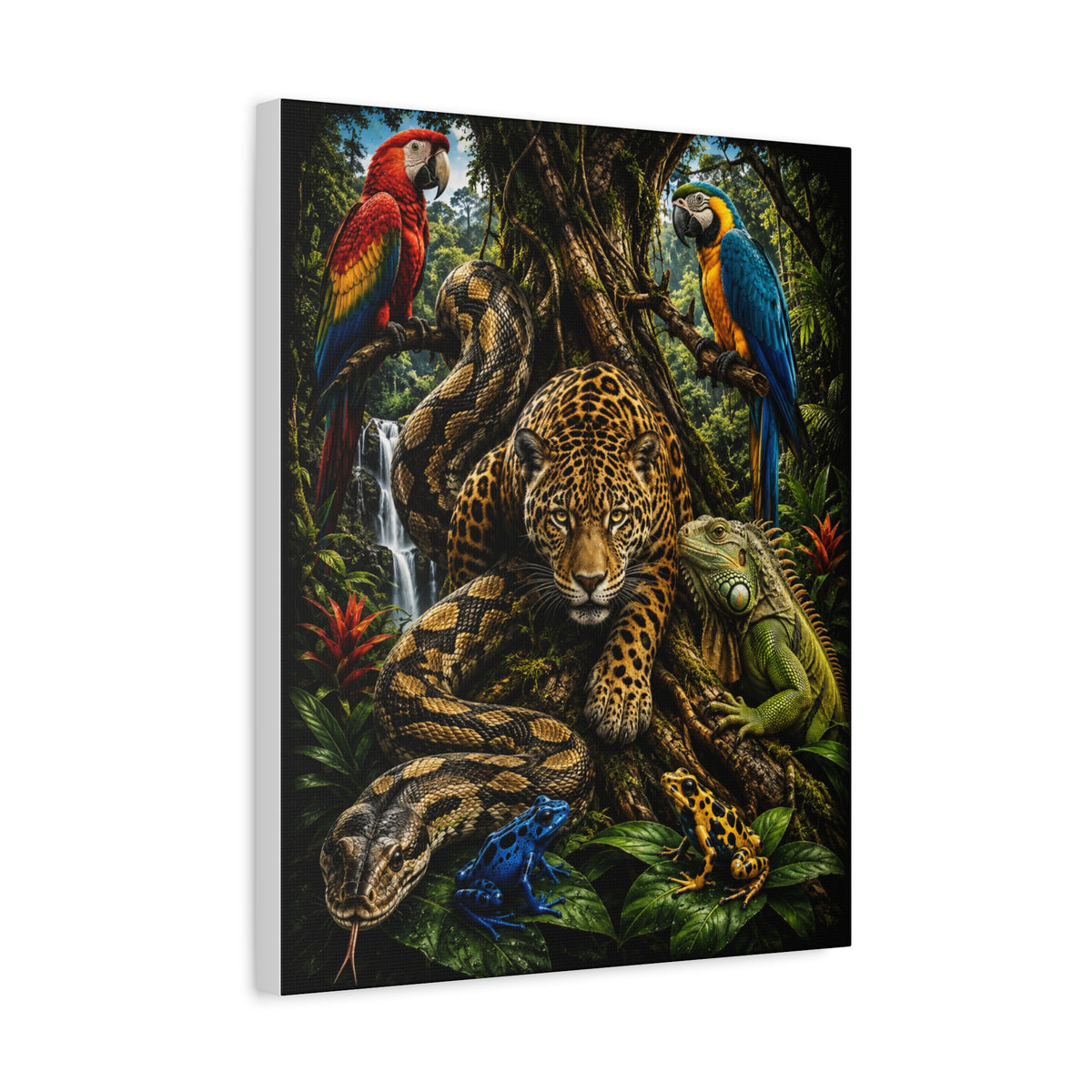 Jungle Wildlife Canvas Print — Jaguar, Parrot & Reptile Tropical Wall Art