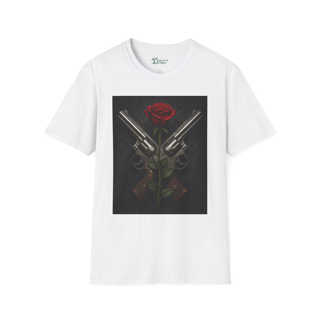 Gun & Rose Graphic T‑Shirt — Crossed Revolvers with Red Rose