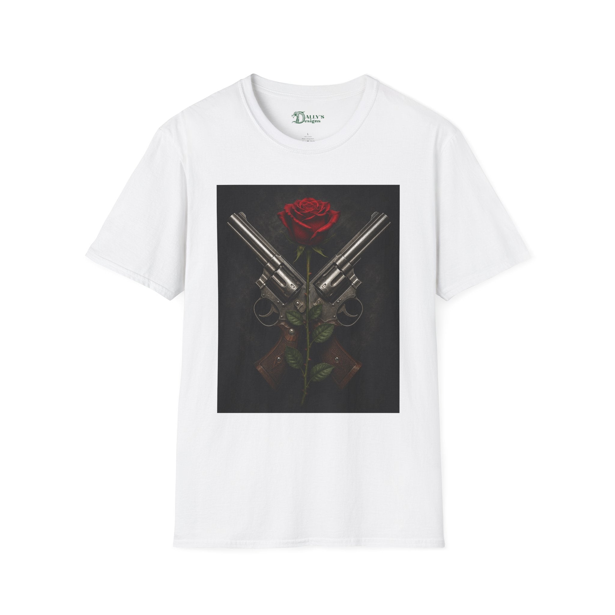 Gun & Rose Graphic T‑Shirt — Crossed Revolvers with Red Rose