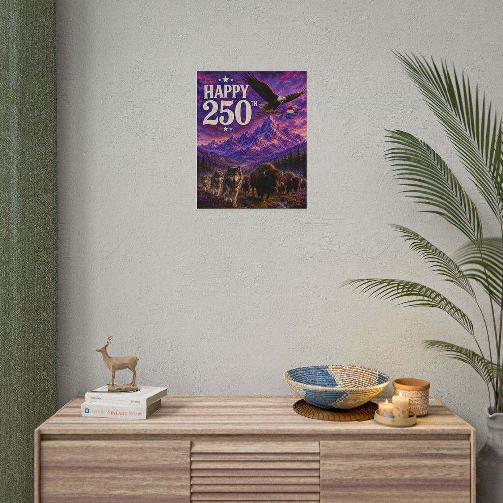 Happy 250th Poster — Patriotic Eagle, Wolves & Bison Mountain Scene