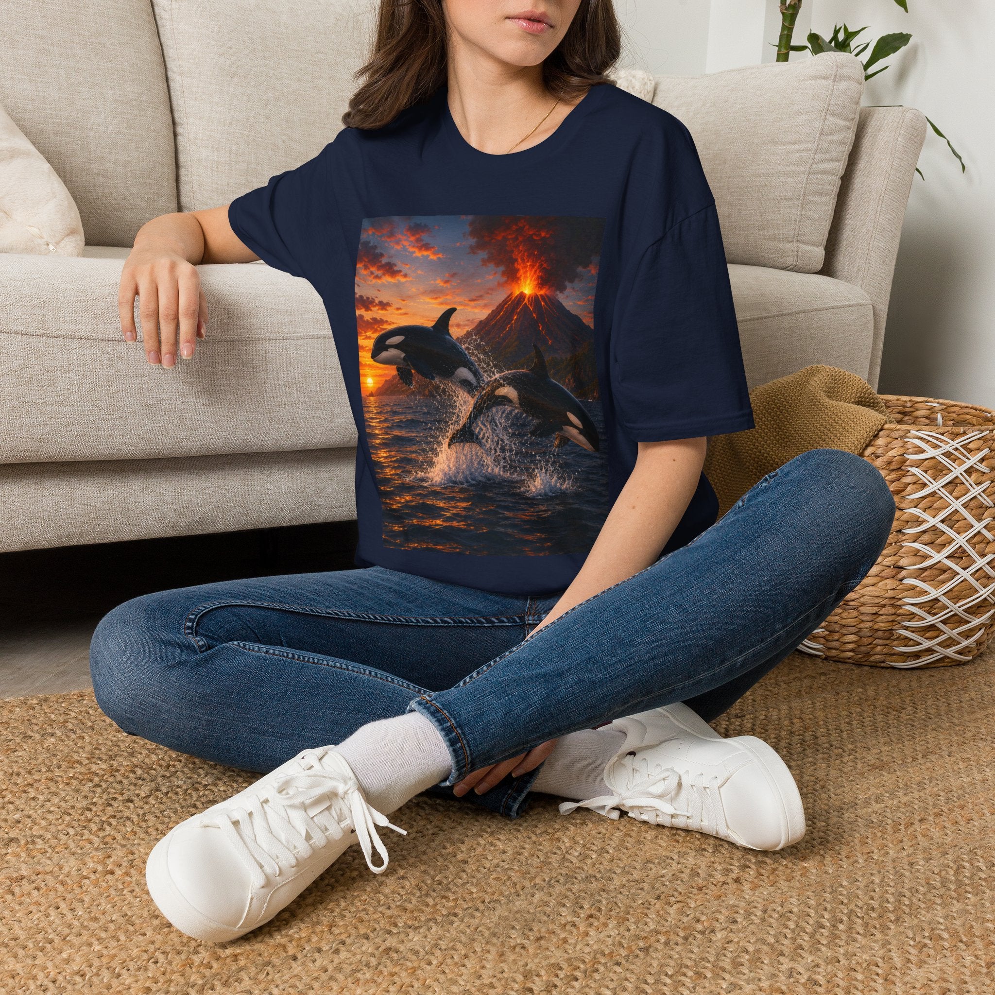 Orca & Erupting Volcano T‑Shirt — Dramatic Sunset Ocean Whale Graphic