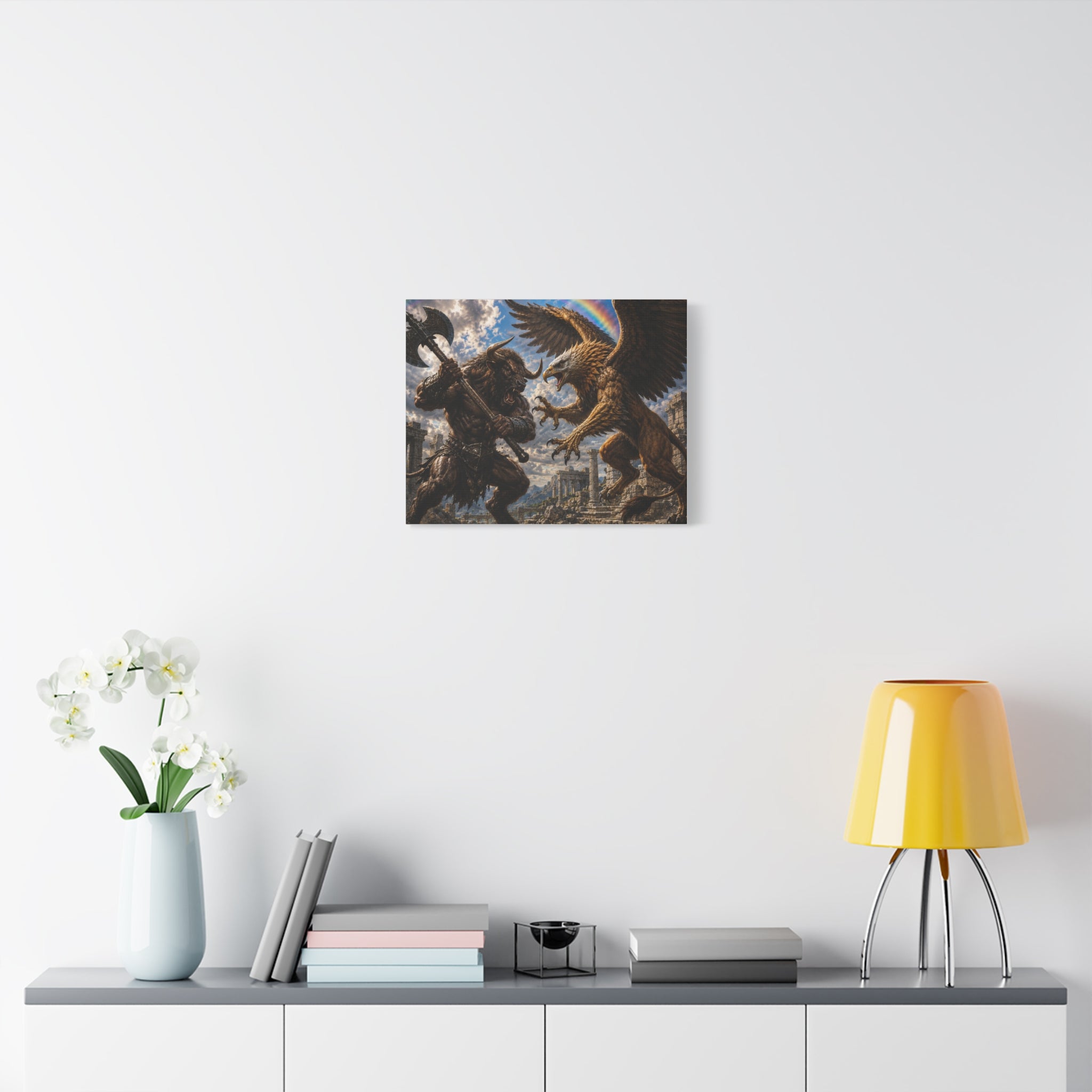 Fantasy Battle Canvas Print — Minotaur vs Gryphon Matte Stretched Wall Art