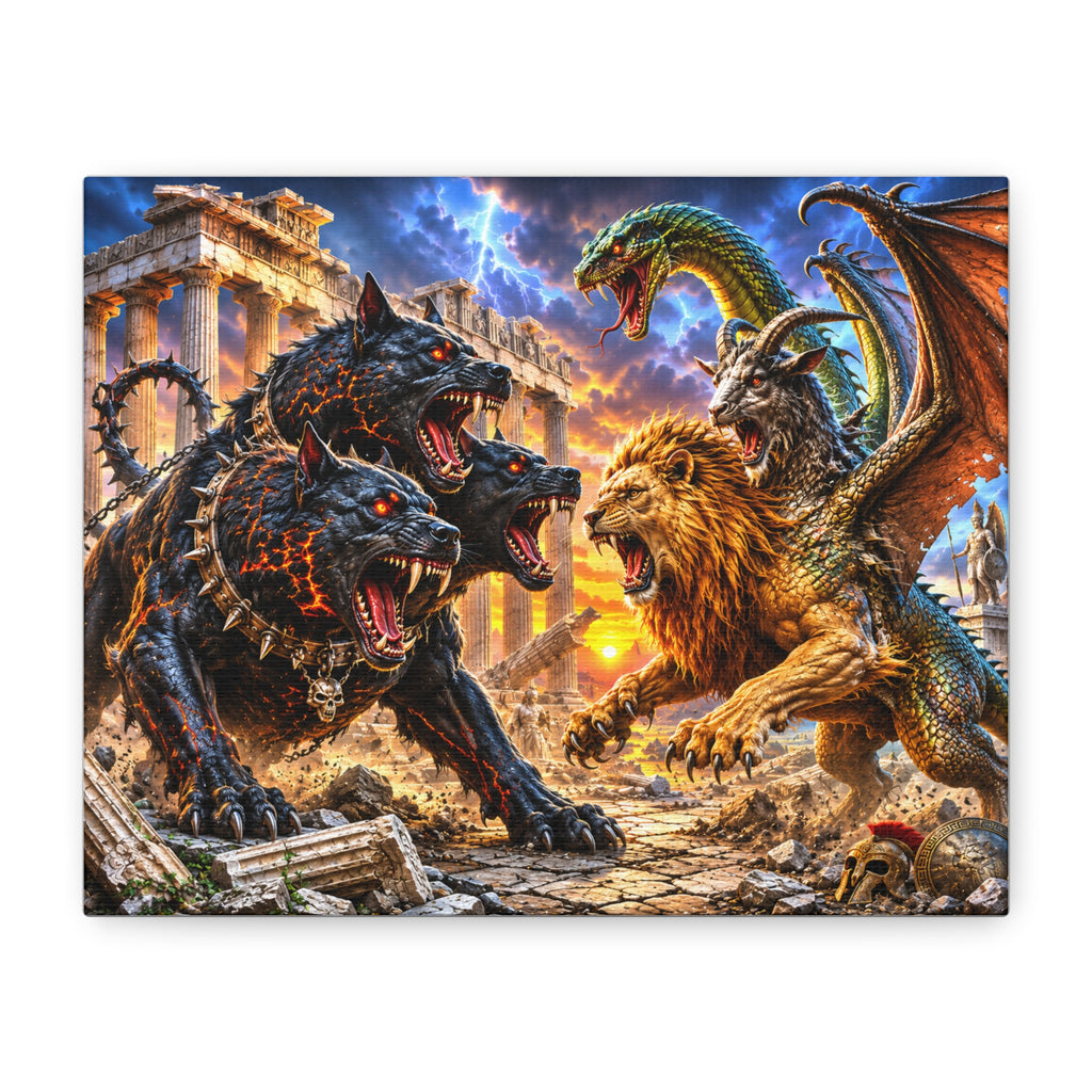 Mythic Monster Battle Matte Canvas Wall Art — Cerberus vs Chimera Fantasy Print