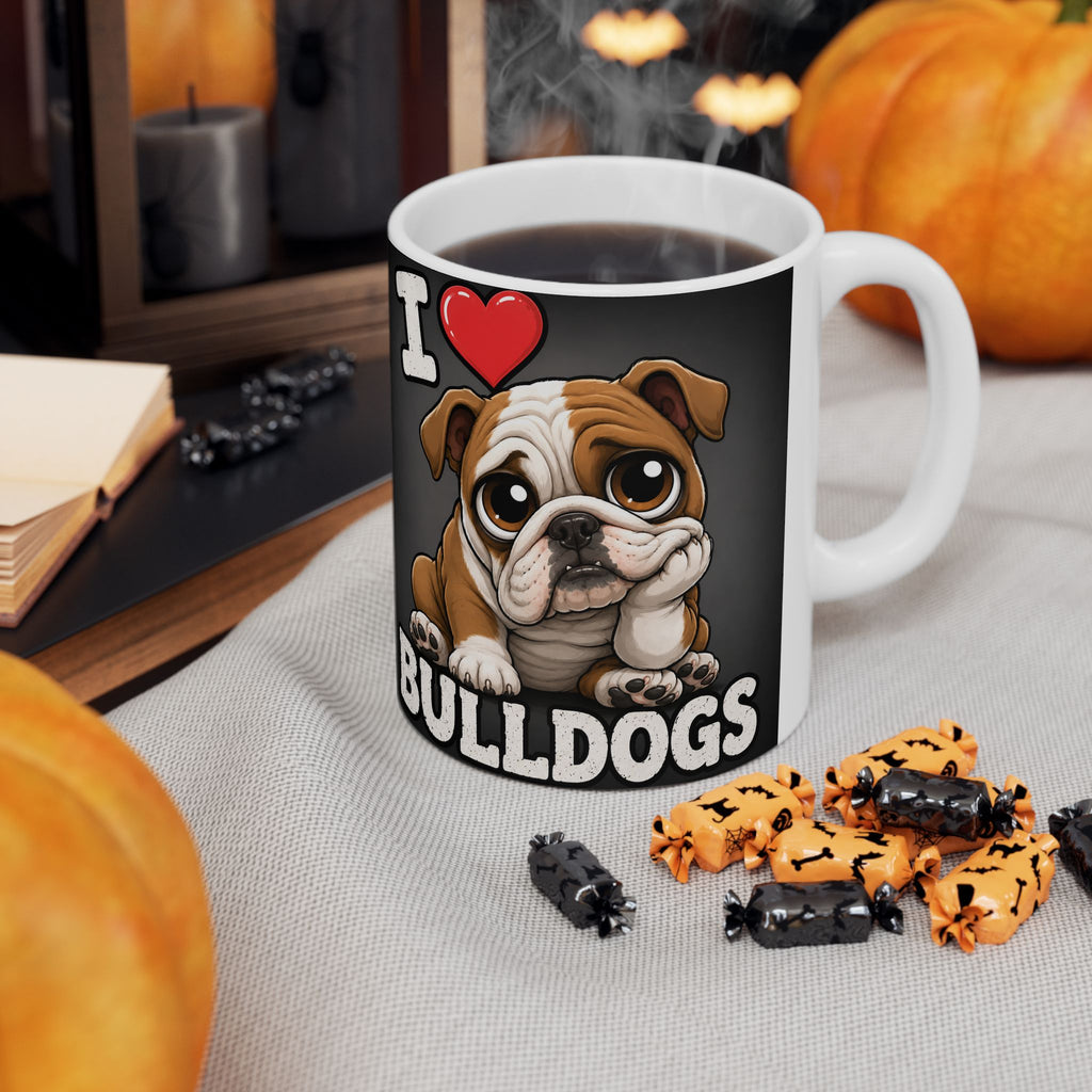I Love Bulldogs Ceramic Mug — Cute Cartoon Bulldog Coffee Cup (11oz & 15oz)