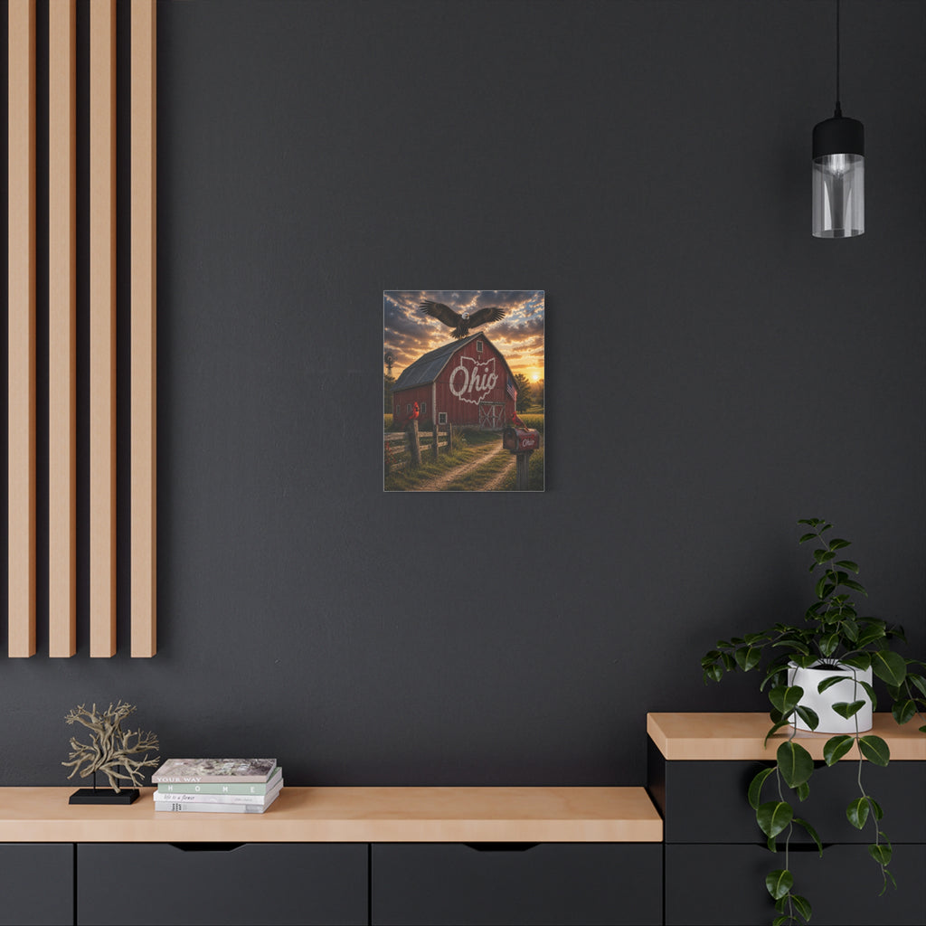 Ohio Barn Canvas Wall Art — Rustic Sunset Farm Scene with Bald Eagle & Cardinals
