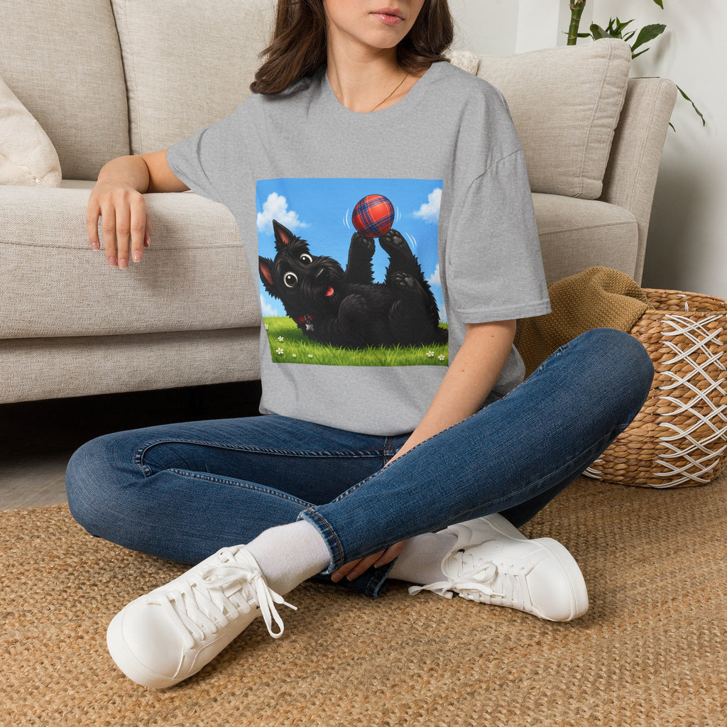Playful Black Scottish Terrier Holding Plaid Ball shirt