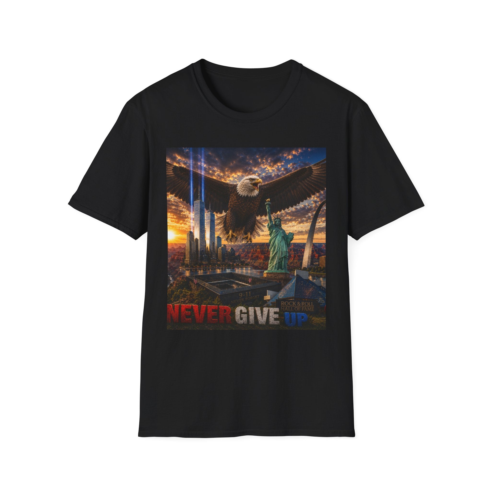 Eagle Over American icons— 'Never Give Up' Patriotic Graphic Tee