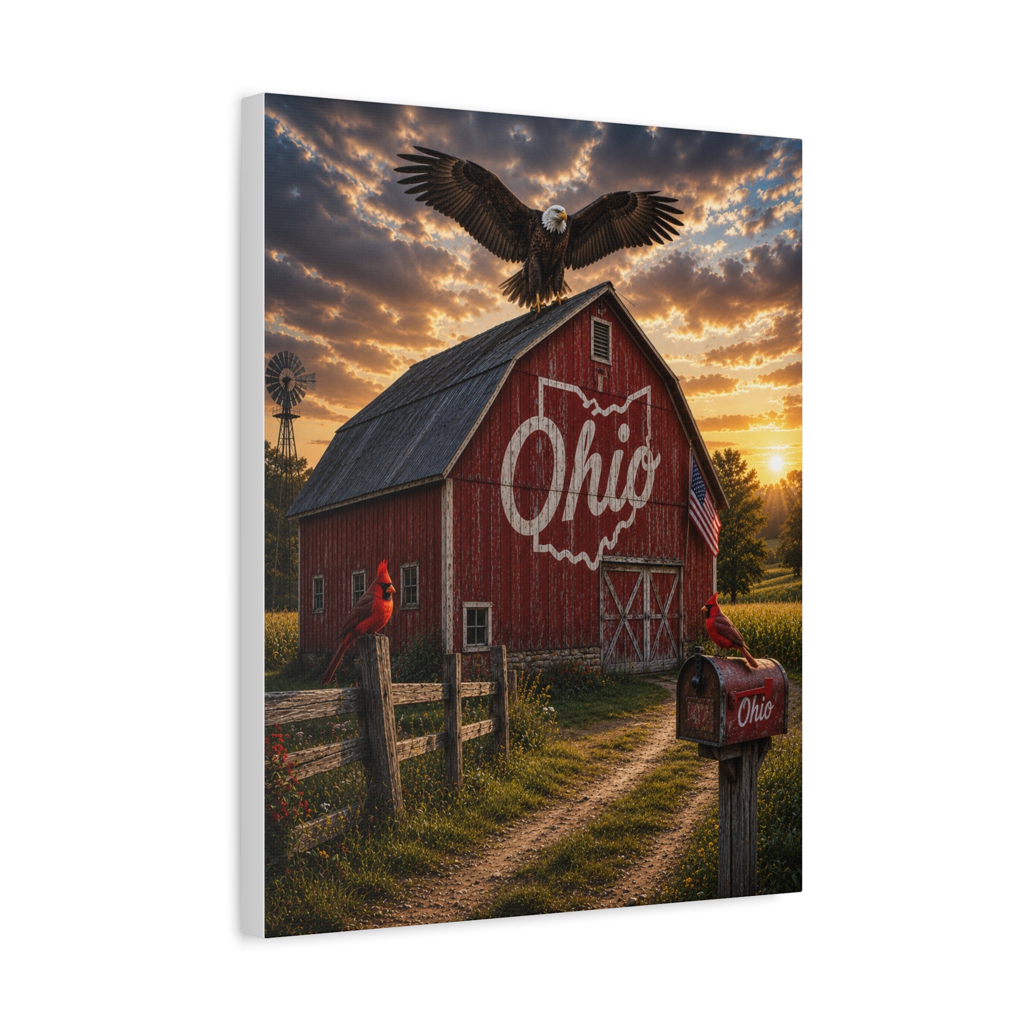 Ohio Barn Canvas Wall Art — Rustic Sunset Farm Scene with Bald Eagle & Cardinals