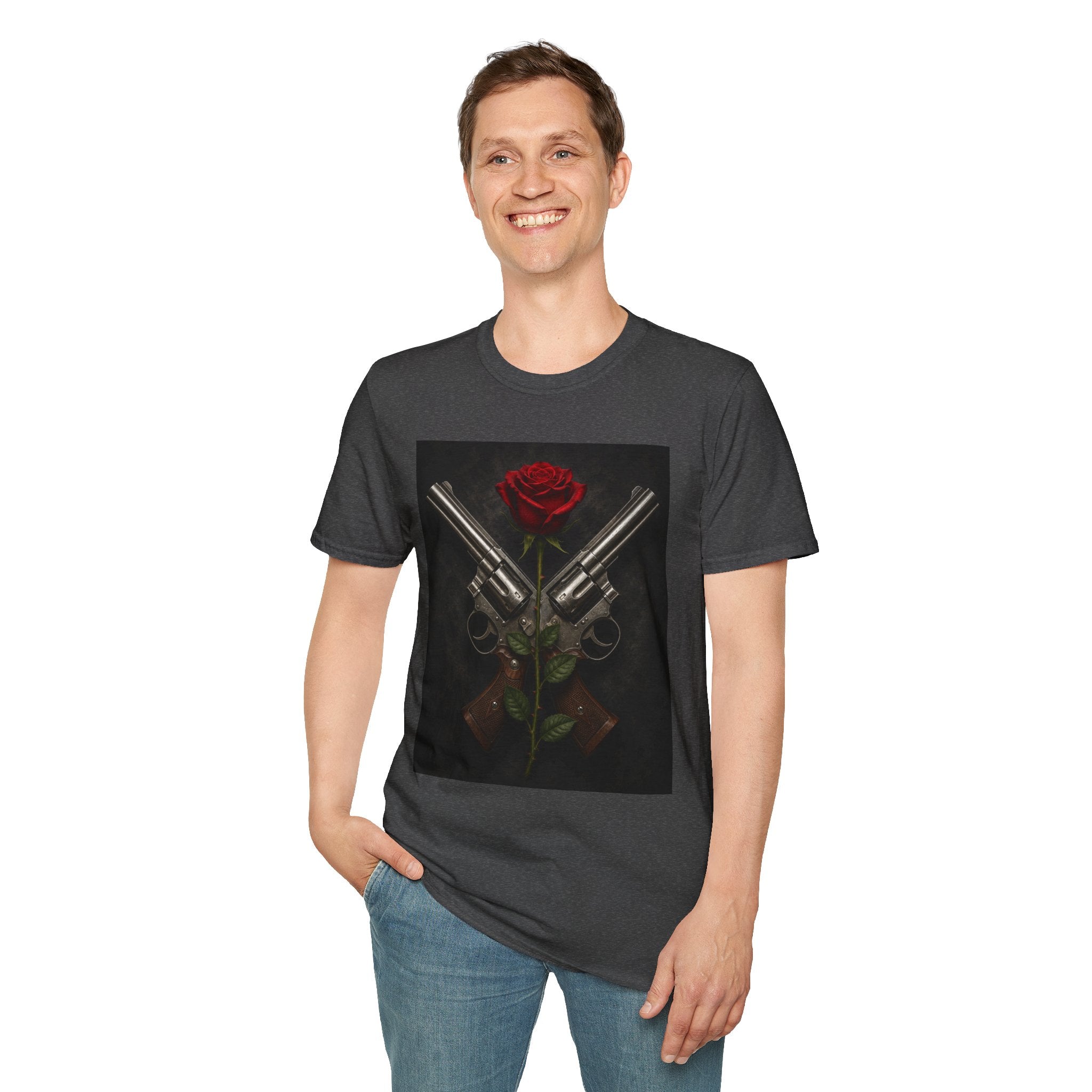 Gun & Rose Graphic T‑Shirt — Crossed Revolvers with Red Rose