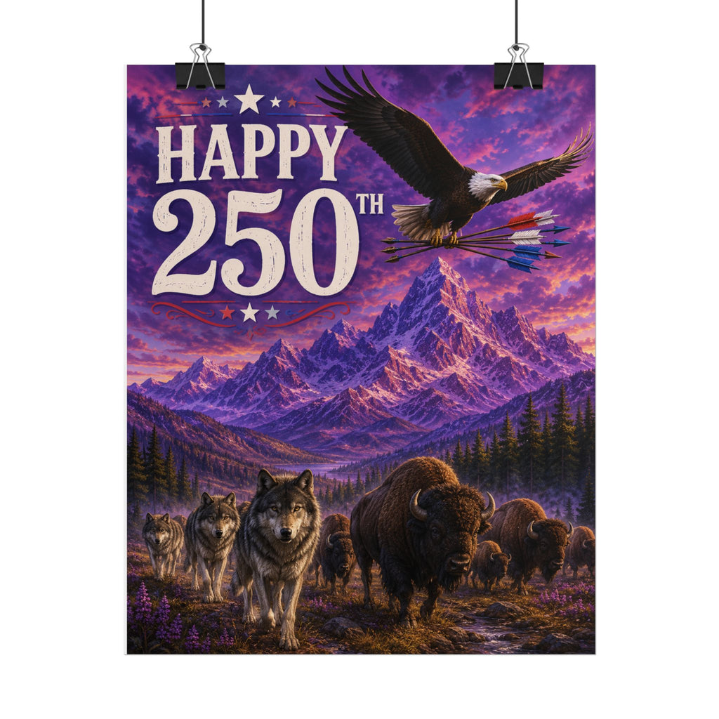 Happy 250th Poster — Patriotic Eagle, Wolves & Bison Mountain Scene