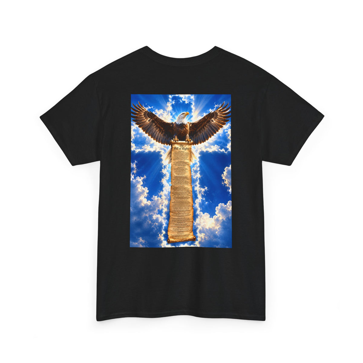 Eagle Crossback T‑Shirt – Soaring Eagle Over Golden Cross Sky Graphic Tee