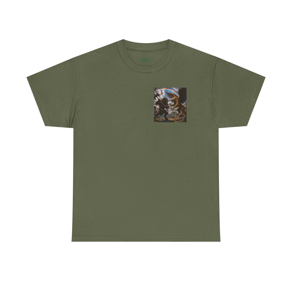 Mythic Battle Graphic Tee — gryphon vs. minatour Warrior Art Shirt