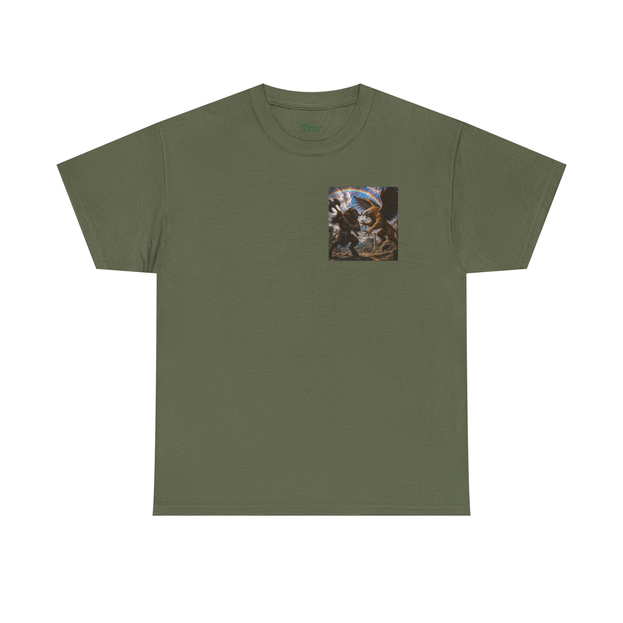 Mythic Battle Graphic Tee — gryphon vs. minatour Warrior Art Shirt