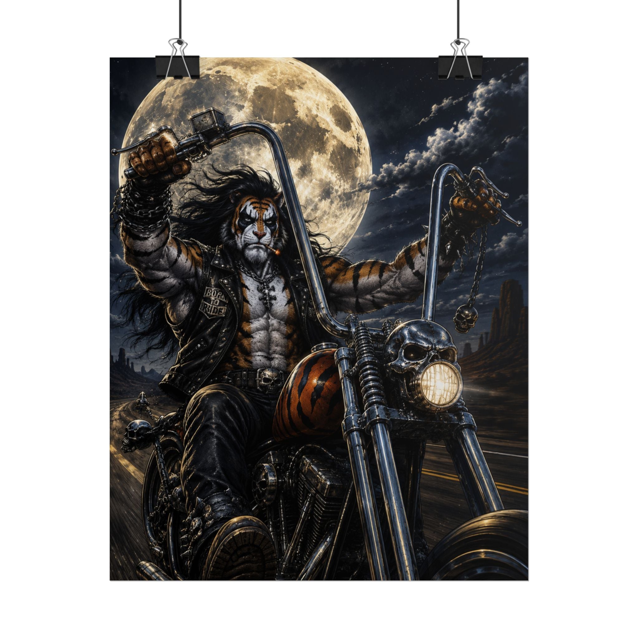 Motorcycle Moonlight Poster — Biker Skull Rider Art Print