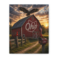 Ohio Barn Canvas Wall Art — Rustic Sunset Farm Scene with Bald Eagle & Cardinals