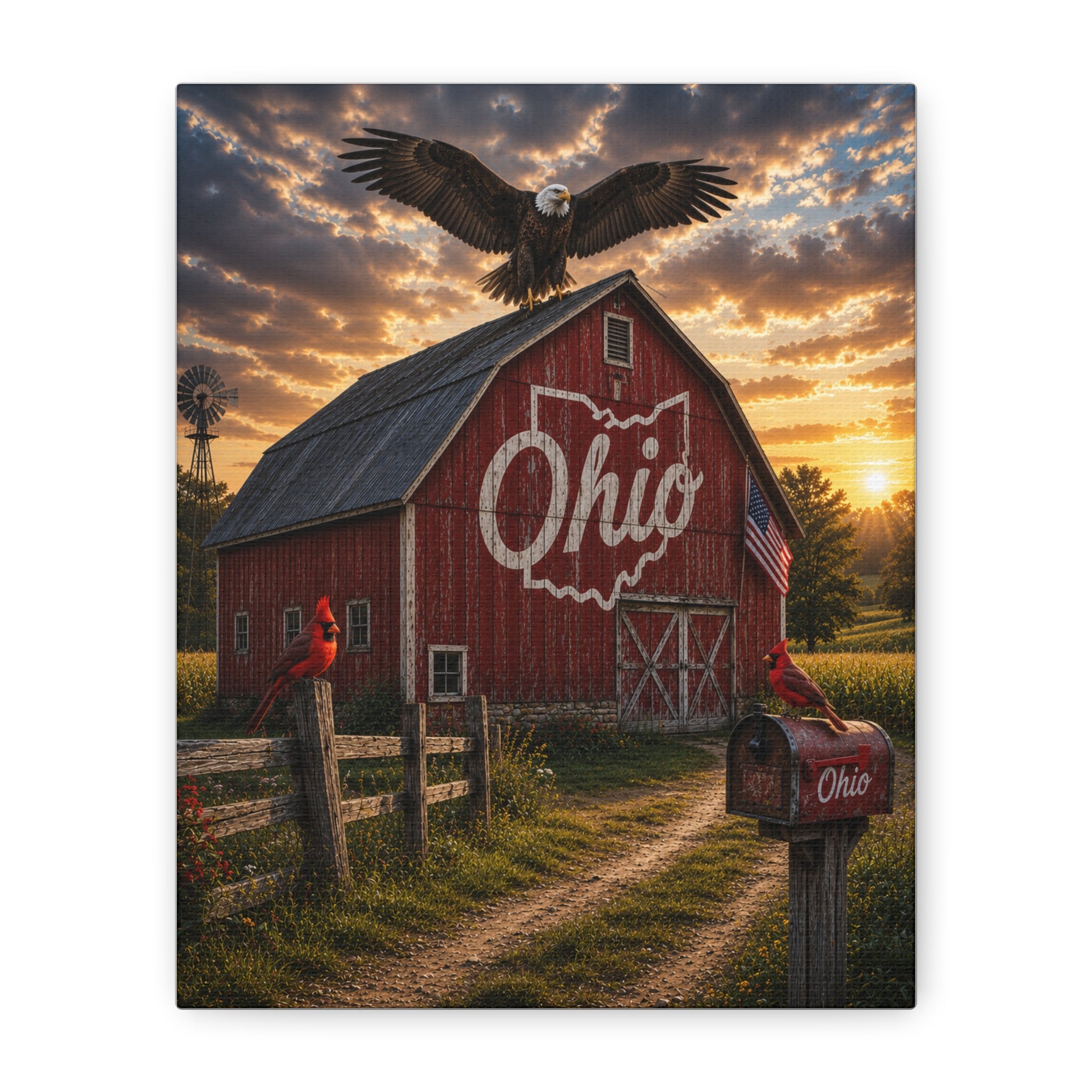Ohio Barn Canvas Wall Art — Rustic Sunset Farm Scene with Bald Eagle & Cardinals