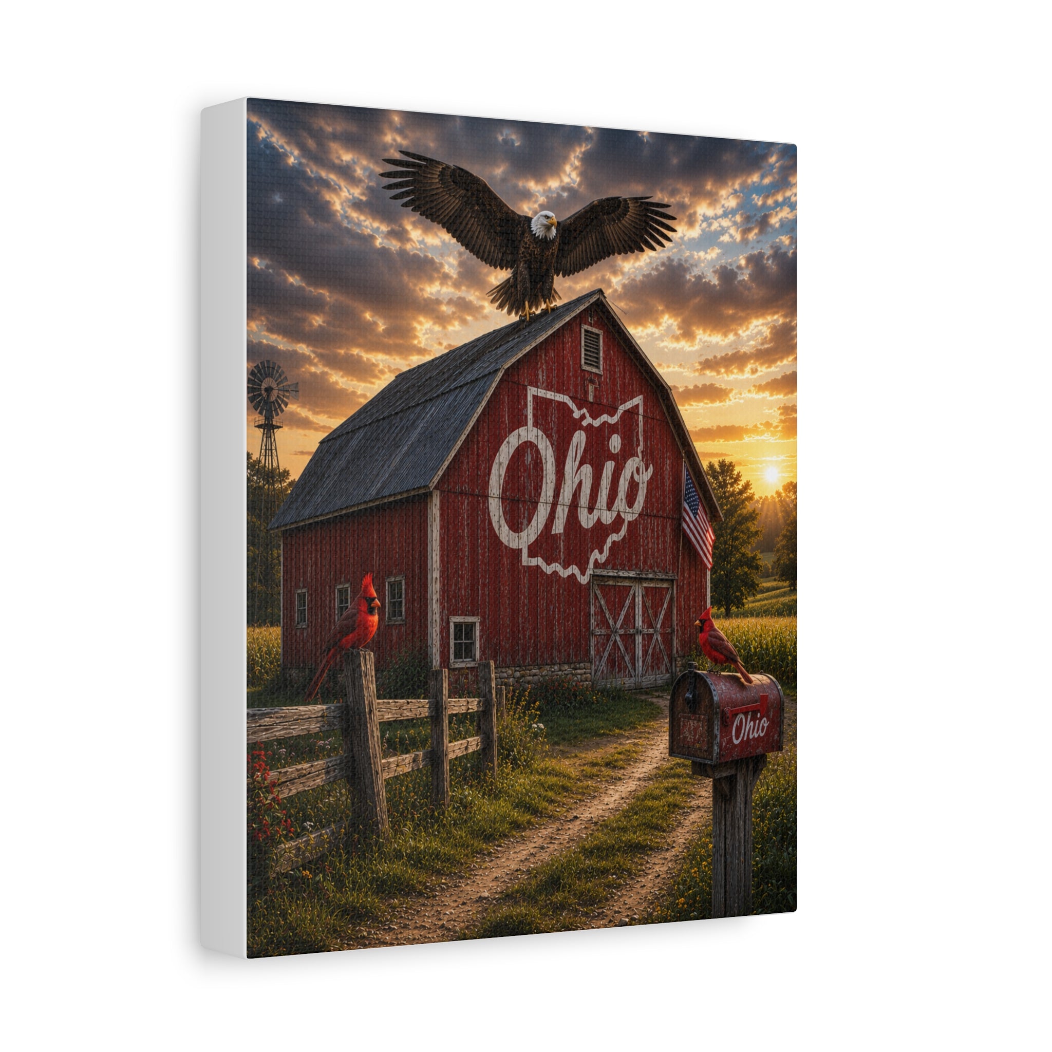 Ohio Barn Canvas Wall Art — Rustic Sunset Farm Scene with Bald Eagle & Cardinals
