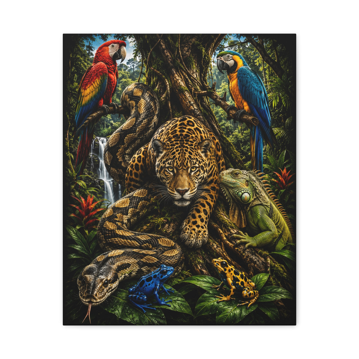 Jungle Wildlife Canvas Print — Jaguar, Parrot & Reptile Tropical Wall Art
