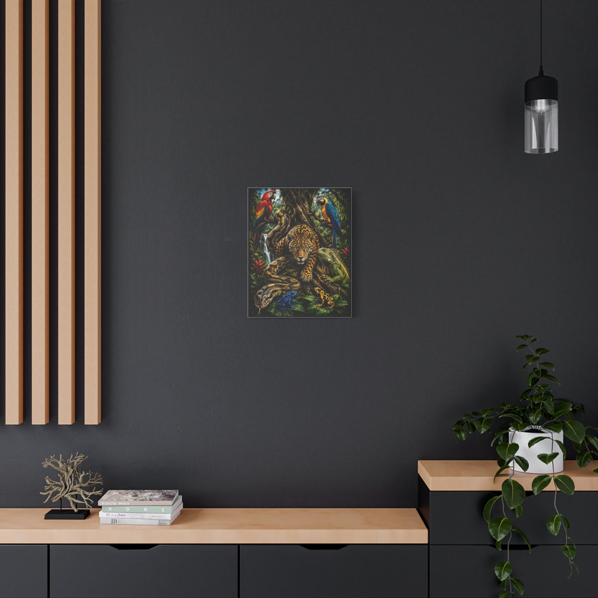 Jungle Wildlife Canvas Print — Jaguar, Parrot & Reptile Tropical Wall Art