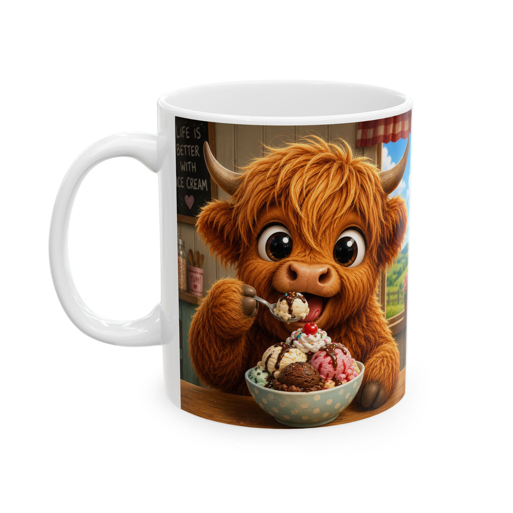 Ceramic Mug — Cute Scottish Cow with Ice Cream (11oz & 15oz)