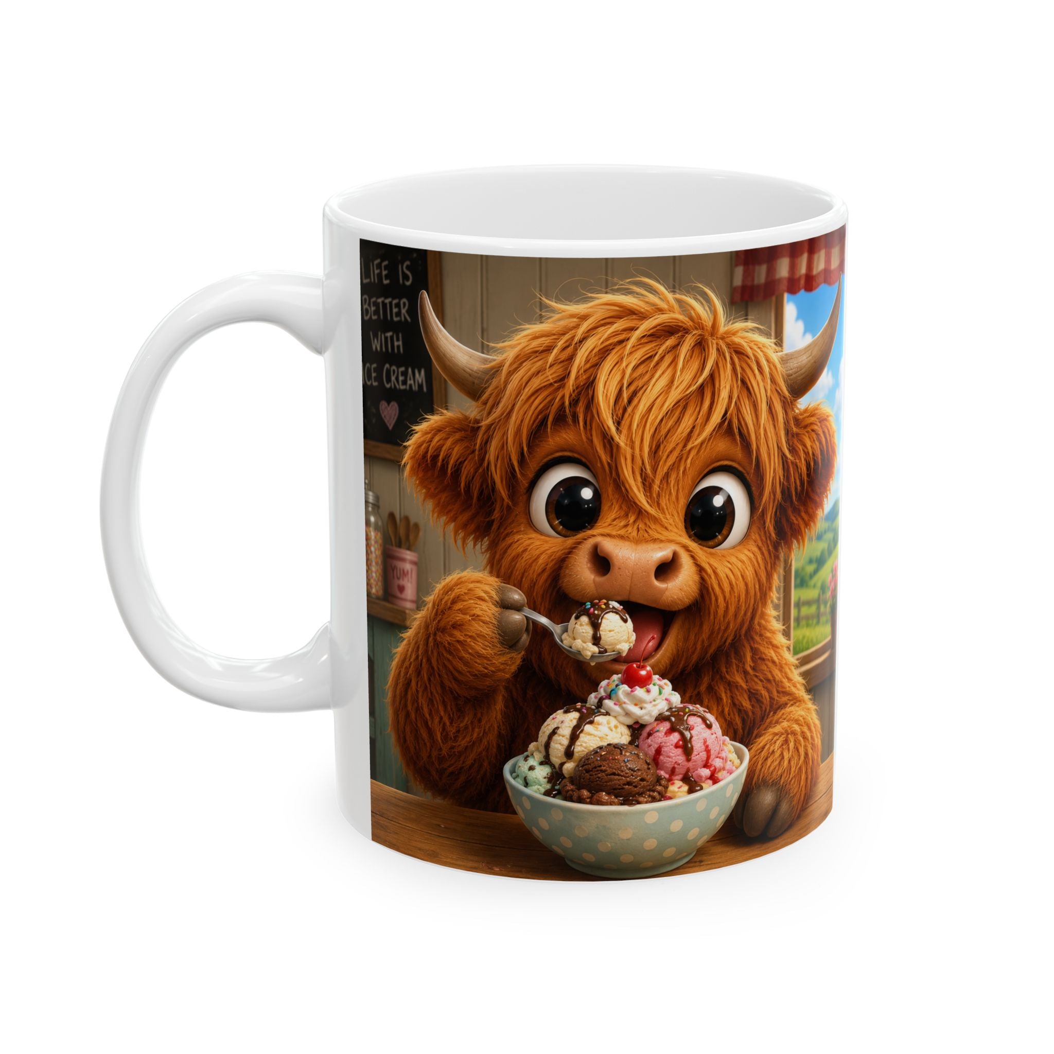 Ceramic Mug — Cute Scottish Cow with Ice Cream (11oz & 15oz)